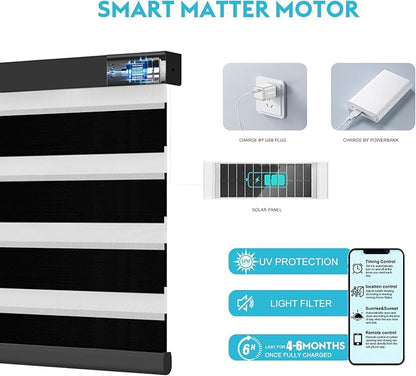Motorized Zebra Blinds with Remote Smart Blind Work with Homekit Alexa SmartThings Electric Day and Night Shade Cordless Automatic Solar Powered Window Shade Customize(Pure Black)