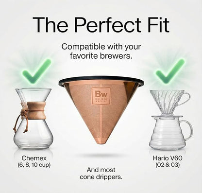 Barista Warrior Reusable Coffee Filter - Stainless Steel Pour Over Dripper, Compatible for Chemex, Hario V60 & Drippers, Easy to Clean Flavorful Brew Fine Mesh Coffee Filter - Copper