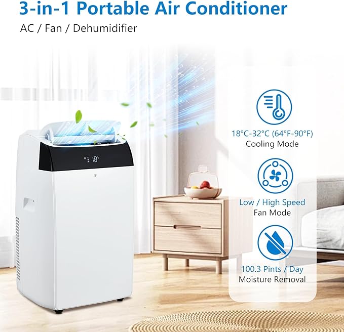 GAOMON 14000 BTU Portable Air Conditioners With Remote Control,3-In-1 Free Standing Cooling AC Unit With Fan & Dehumidifier,Smart/Sleep Mode,3 Speed,Auto Swing,24H Timer,White Lid