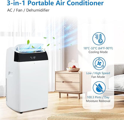 GAOMON 14000 BTU Portable Air Conditioners With Remote Control,3-In-1 Free Standing Cooling AC Unit With Fan & Dehumidifier,Smart/Sleep Mode,3 Speed,Auto Swing,24H Timer,White Lid