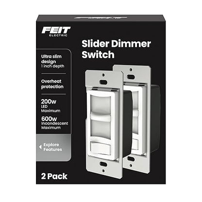 Feit Electric LED Slide Dimmer Switch, Single-Pole or 3-Way Wall Light Dimmer for Dimmable LED & CFL Bulbs, Includes Wall Plate and Wire Nut Installation, DIM/Slide/2, 2 Pack