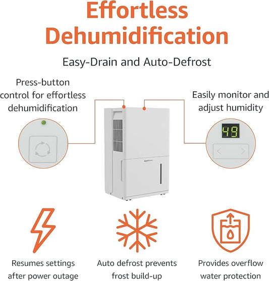Amazon Basics 50-Pint Large Dehumidifier with Humidity Control, Timer, Auto-Defrost, Overflow Protection, Washable Filter for Rooms up to 4000 SFT, White