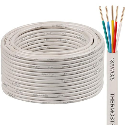 XRDS -RF 18AWG 5 Conductor Thermostat Wire 100FT, Solid Copper, 18 Gauge 5 Wire for Thermostat, HVAC, Heating and Cooling, White Jacket (10FT / 20FT / 25FT / 30FT / 50FT / 75FT / 100FT)