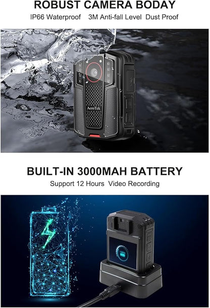 AeroTek Mini 4K Body Camera with Audio and Video Recording, GPS Bodycam with Ultra Infrared Night Vision and Fast Charging for Police, Law Enforcement and Delivery (256 GB Card)