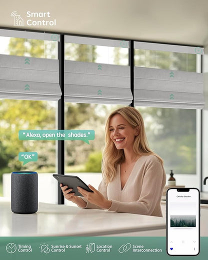 Yoolax Smart Top Down Bottom Up Roman Shades, Motorized Roman Shades with Remote, Blackout Smart Blinds Work with Alexa, Google Home, Apple Homekit for Living Room Bedroom, Customized (Foggy White)
