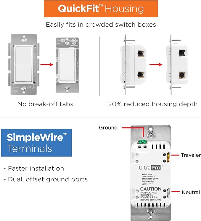 UltraPro Add-On Switch QuickFit and SimpleWire, in-Wall White Rocker Paddle Only, Z-Wave ZigBee Wireless Smart Lighting Controls, NOT A STANDALONE Switch, 59349