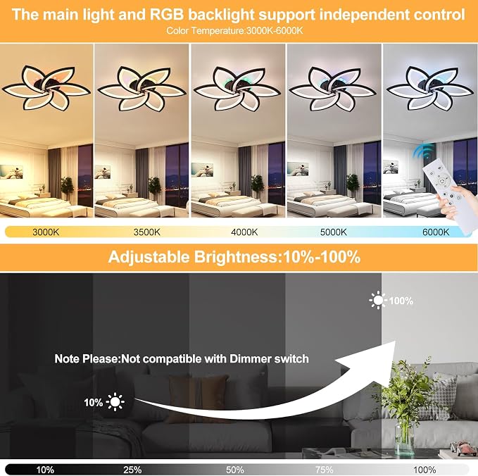 LED Ceiling Light, 50W RGB Flower Flush Mount Light with Remote | Dimmable RGB Ceiling Light with Remote, Independent RGB Backlight, 3000K-6000K, 3000LM Modern Lamp for Bedroom Living Room