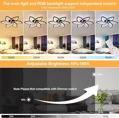 LED Ceiling Light, 50W RGB Flower Flush Mount Light with Remote | Dimmable RGB Ceiling Light with Remote, Independent RGB Backlight, 3000K-6000K, 3000LM Modern Lamp for Bedroom Living Room