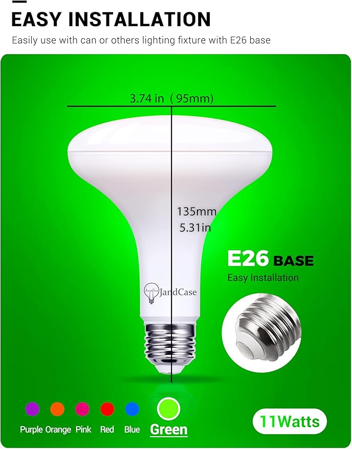 BR30 Green Flood Light Bulb, JandCase Green LED Light Bulb, 11W(100W Equivalent), 900lm, Non-Dimmable Can Light Bulbs for Ceiling, E26 Base, 2 Pack