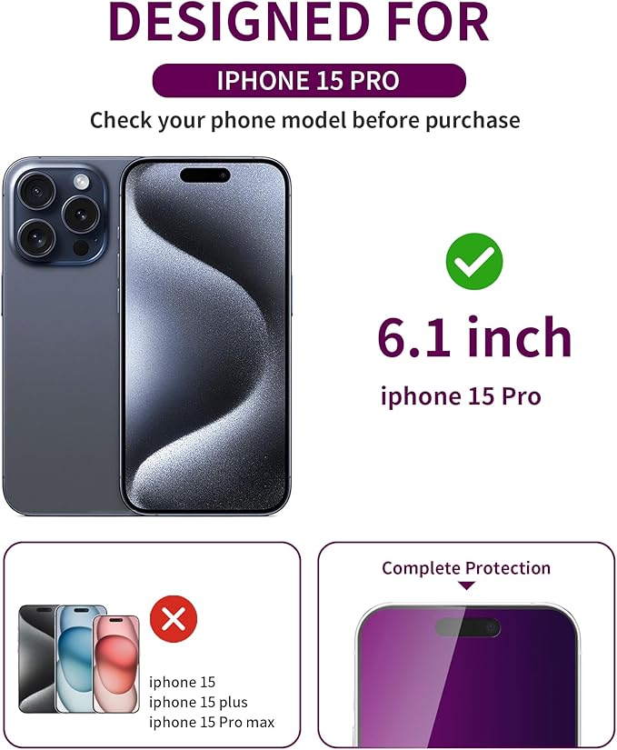 3 Pack Privacy Screen Protector for iPhone 15 Pro Tempered Glass 6.1inch Private Saver Anti-Spy Eye Protection Anti-Scratch Full Coverage
