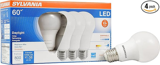 Sylvania Ultra LED A19 Light Bulb, 60W Equivalent, Efficient 9W, 13 Year, 800 Lumens, Dimmable, Clear, Medium Base, 5000K, Daylight - 4 Pack (78040)