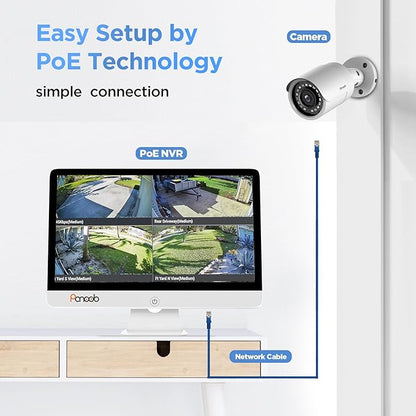 Security Camera System with Monitor, 8CH 8MP 4K NVR with 2TB HDD, 6X Bullet Wired 5MP PoE IP Camera with Mic IP67 for Home Outdoor, Night Vision, Smart AI Human Detection, PB37FM06-5M