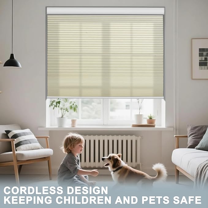 BERISSA Motorized Cellular Shades, Light Filtering Smart Honeycomb Blinds with Remote Control & Hub, Custom Room Darkening Automatic Cellular Window Blinds for Home Office, Living Room, Door,Beige