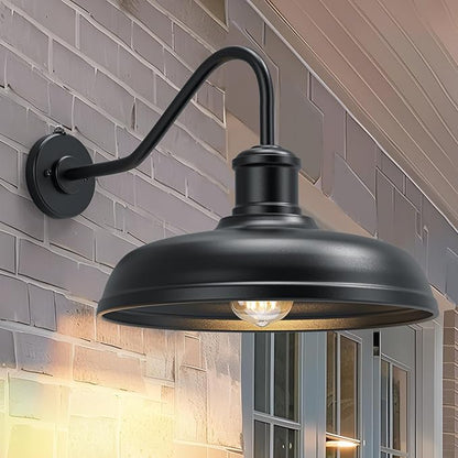 16 Inch Dome Dusk to Dawn Gooseneck Barn Light Outdoor, Large Farmhouse Exterior Light Fixture Wall Mount, Industrial Outdoor Wall Sconce Outside Lantern for House, Porch, Garage, Entryway, Black