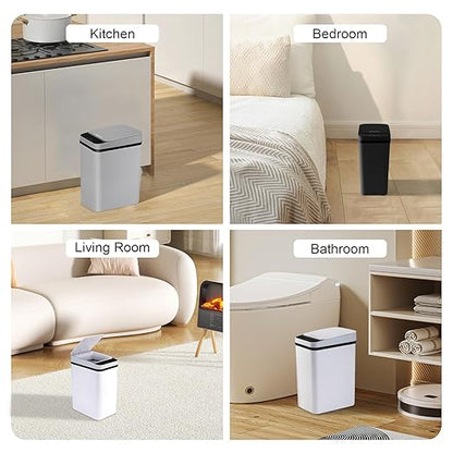 3 Pack Bathroom Trash Can with Lid, 2.5 Gallon Small Slim Trashcan, Automatic Trash Can Touchless, Motion Sensor Waterproof Plastic Trash Bin for Bedroom Kitchen Office Living Room (Black+Gray+White)