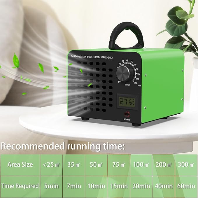 Ozone Generator 60,000 mg/h, Portable O3 air purifiers for home, Car, Office & Industrial, Ozone machine odor Removal for Smoke, Pet Odor Eliminator, 120min Timer & Safety Auto-Off, Green