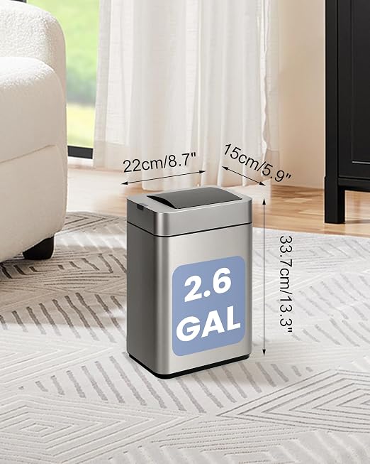 ELPHECO Slim Bathroom Trash Can with Lid 2.6 Gallon Smart Trash Can Silver