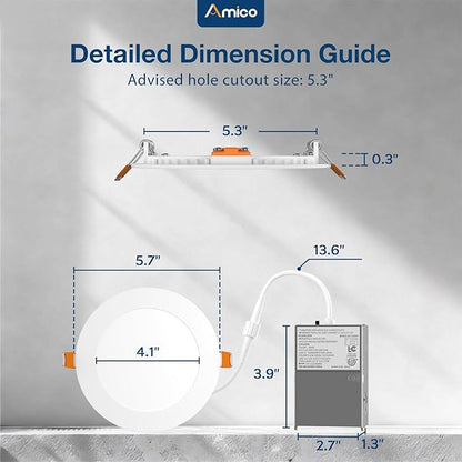 Amico 4 Pack 5 Inch 5CCT Ultra-Thin LED Canless Recessed Ceiling Light with Junction Box, 2700K/3000K/3500K/4000K/5000K Selectable, 11W=75W, 900LM High Brightness, Dimmable Wafer Downlight-ETL&FCC