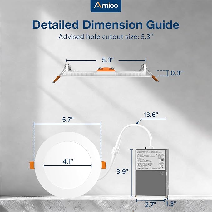 Amico 24 Pack 5 Inch 5CCT Ultra-Thin LED Canless Recessed Ceiling Light with Junction Box, 2700K/3000K/3500K/4000K/5000K Selectable, 11W=75W, 900LM High Brightness, Dimmable Wafer Downlight-ETL&FCC