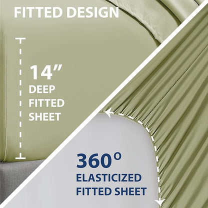 Swift Home Smart Sheets, Ultra Soft Brushed Microfiber 4-Piece Sheet Set, Fitted Bed Sheet with Side Storage Pockets – Sage, Full