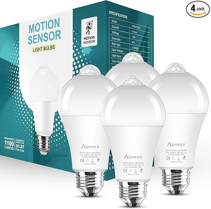 Motion Sensor Light Bulbs, 13W(100W Equivalent) Movement Activated Dusk to Dawn Sensor LED Bulb, A19 E26 5000K Cool White Security Bulbs Outdoor Indoor, for Porch Garage Basement Hallway 4 Pack