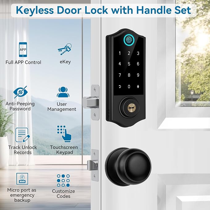 Fingerprint Smart Door Locks for Front Door with Handle Set, App Control, Keyless Entry Door Lock Keypad Deadbolt, Bluetooth Digital Electronic Touchscreen, Easy Install, Auto Lock, Black