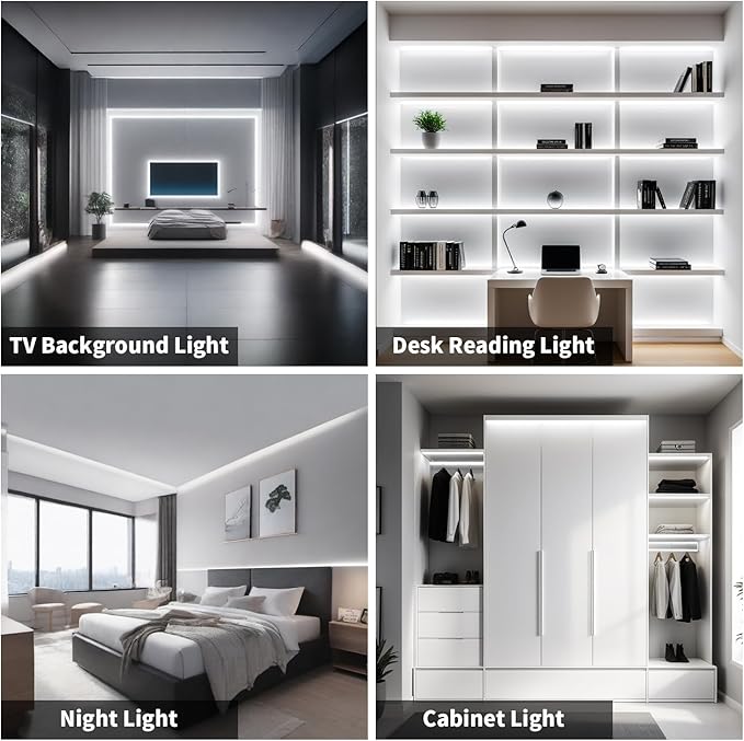 32.8FT/10M COB LED Strip Light, Cold White 6000K LED Tape Lights, 8mm Width, CRI93+ Dimmable Flexible Lights Strip for Bedroom TV Backlight Cabinet Kitchen Mirror Decor(with Plug)