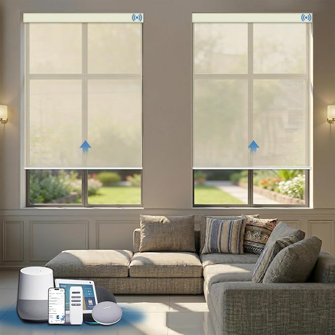 Motorized Solar Shades, Light Filtering Smart Blinds for Windows Automatic Blinds Compatible with Alexa, Falme Resistant Roller Shades Customized for Office Living Room (1% Openness Beige)