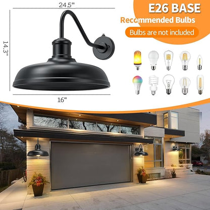 16 Inch Dome Dusk to Dawn Gooseneck Barn Light Outdoor, Large Farmhouse Exterior Light Fixture Wall Mount, Industrial Outdoor Wall Sconce Outside Lantern for House, Porch, Garage, Entryway, Black