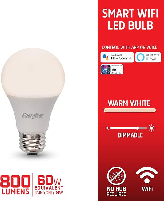 Energizer Connect Smart A19 LED Warm White Light Bulb with Voice Control and Remote Access Through Your Smartphone | Compatible with Alexa and Google Assistant