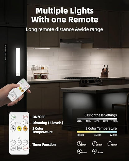 2Pack 12inch Under Cabinet Lighting, Rechargeable Motion Sensor Light Wireless Indoor, Dimmable 3 Color Temps Closet Lights with IR Remote, Under Counter LED Lights for Kitchen, Stairs
