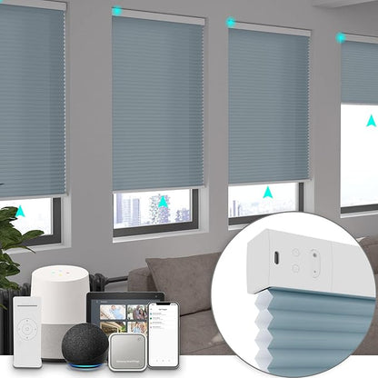 Changshade Smart Blinds Cellular Shades for Windows Doors Motorized with Remote Control, Custom Size Automatic Honeycomb Blind Electric Power Compatible with Alexa, Google Home, Light Filtering, Blue