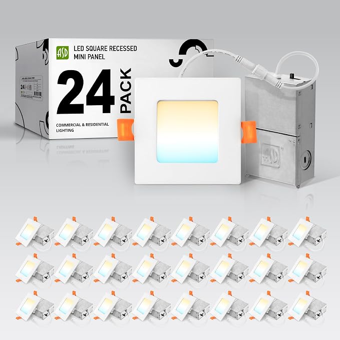 ASD 24 Pack LED Square Recessed Lighting 3 Inch, 5 CCT 2700K-5000K CRI90+, 6W 30W Eqv, Ultra Thin Dimmable Ceiling Lights with J Box, Canless Wafer Downlight, Slim Panel Light, UL Energy Star, White