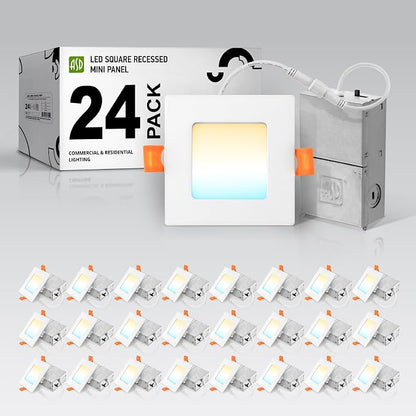 ASD 24 Pack LED Square Recessed Lighting 3 Inch, 5 CCT 2700K-5000K CRI90+, 6W 30W Eqv, Ultra Thin Dimmable Ceiling Lights with J Box, Canless Wafer Downlight, Slim Panel Light, UL Energy Star, White