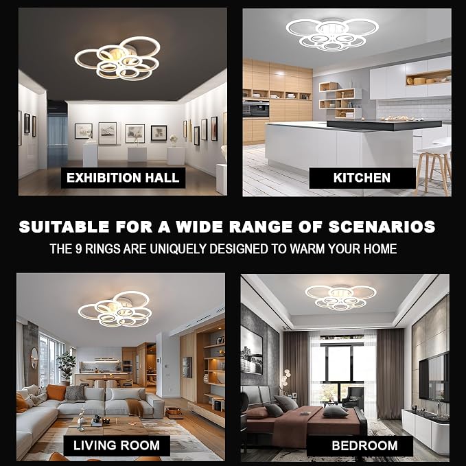120W 9 Ring Flush Mount Ceiling Light Dimmable for Living Dining Bedroom | Remote & Smart App, 2800K-7000K Dimmable, Modern Ceiling Lamp for Indoor Home Decoration