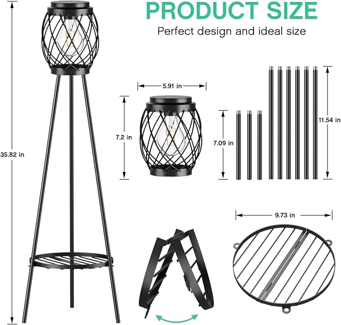 MXwcy Solar Floor Lamp with Plant Stands，Solar Lights Outdoor with Vintage LED Edison Bulbs, Weatherproof Garden Lights for Pathway, Patio, Yard, 8-10 Hours Lighting, IP55 Waterproof