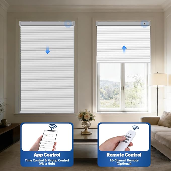 Motorized Cellular Shades with Remote, Smart Cellular Shades Compatible with Apple HomeKit, Alexa & Google Home, Cordless Honeycomb Window Blinds for Indoor Windows, Blackout Crisp White