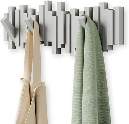 Umbra Sticks Wall Mount Coat Rack, 5 Hook Retractable Pegs, Grey | Mounting hardware included, sculptural modern design, entryway or bedroom use, recycled plastic