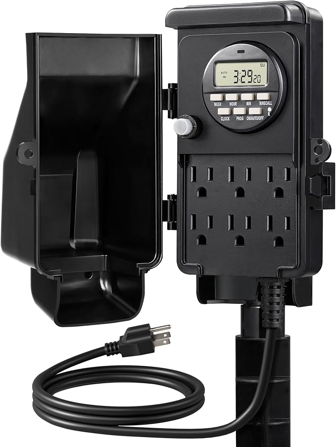DEWENWILS Outdoor Digital Power Strip Timer, Waterproof Power Stake Timer | Waterproof 6 Outlets, 6ft Cord, Works for Outdoor Lights, Yard, Garden, 15A Heavy Duty, Overload Protection