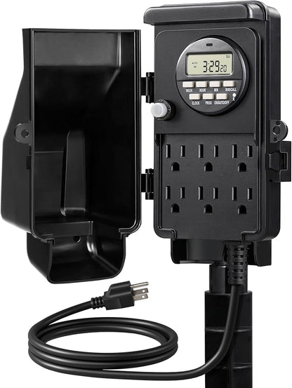 DEWENWILS Outdoor Digital Power Strip Timer, Waterproof Power Stake Timer | Waterproof 6 Outlets, 6ft Cord, Works for Outdoor Lights, Yard, Garden, 15A Heavy Duty, Overload Protection