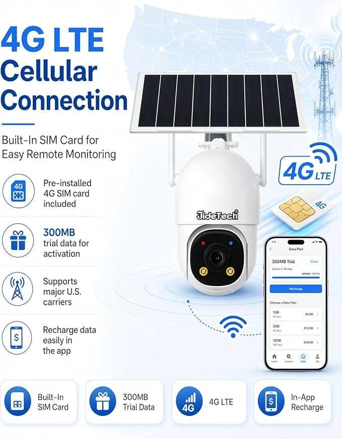 JideTech 24/7 Recording 4G LTE Cellular Security Outdoor Camera, No WiFi Always-On Video AOV PTZ Camera, 8W Solar Panel & 13500mAh Battery, Auto Tracking, Color Night Vision, Built in SIM Card
