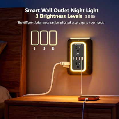 Wall Outlet Extender with Night Light, Power Plug Adapter 6 Outlet Extender with 4 USB Charging Ports（2 USB C）,1050J Power Strip Multi Plug Adapter Spaced for Home Office Travel-Black