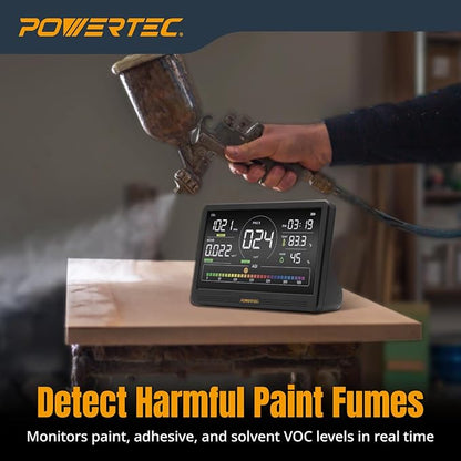 POWERTEC AD1001 Air Quality Monitor with 7" LCD Display - Multi-Sensor CO₂, PM2.5, PM10, TVOC, HCHO, Detector, NDIR Sensors, Rechargeable Indoor/Workshop Air Monitor