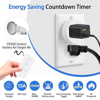 Greencycle Remote Control Outlet Plug, Remote Light Switches Wireless Indoor, Outlet Timer Indoor, No Interference No Wiring, 15A/1500W, 500ft RF Range, Compact Design, Programmable