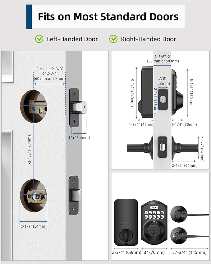 TEEHO TE002L Fingerprint Door Lock with 2 Lever Handles, Keyless Entry Deadbolt with Handle Set, Electronic Keypad Deadbolt for Front Door, Auto Lock and 1 Touch Locking, Matte Black