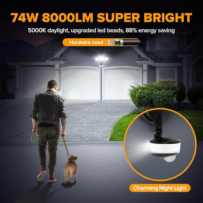 LUTEC 2 Pack 74W 8000 Lumen Motion Sensor Outdoor Lights, 5000K Daylight, IP65 Waterproof Flood Lights Outdoor with Night Light, Dusk to Dawn Motion Detector LED Security Light for Garage, Yard-Black