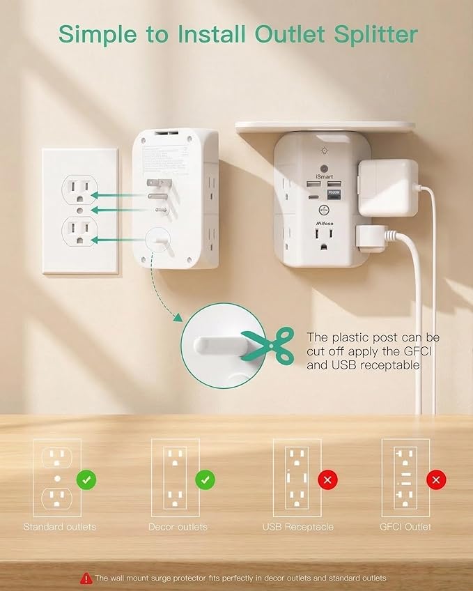 PD20W Wall Outlet Extender with Shelf & Night Light – 5 AC Outlets, 2 USB-A, 2 USB-C, 3-Sided Wide-Space Design, Surge Protector, Multi-Plug Outlet Splitter – Ideal for Home Office, College Dorm, RV