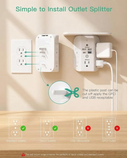 PD20W Wall Outlet Extender with Shelf & Night Light – 5 AC Outlets, 2 USB-A, 2 USB-C, 3-Sided Wide-Space Design, Surge Protector, Multi-Plug Outlet Splitter – Ideal for Home Office, College Dorm, RV
