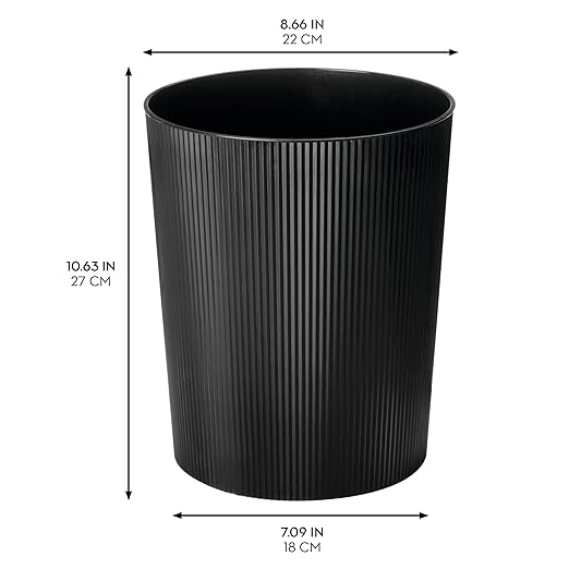 iDesign Small Round Plastic Bathroom Trash Can - Fluted Trash Can for Bathroom, Bedroom, or Office - Black