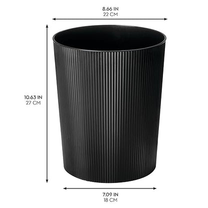 iDesign Small Round Plastic Bathroom Trash Can - Fluted Trash Can for Bathroom, Bedroom, or Office - Black